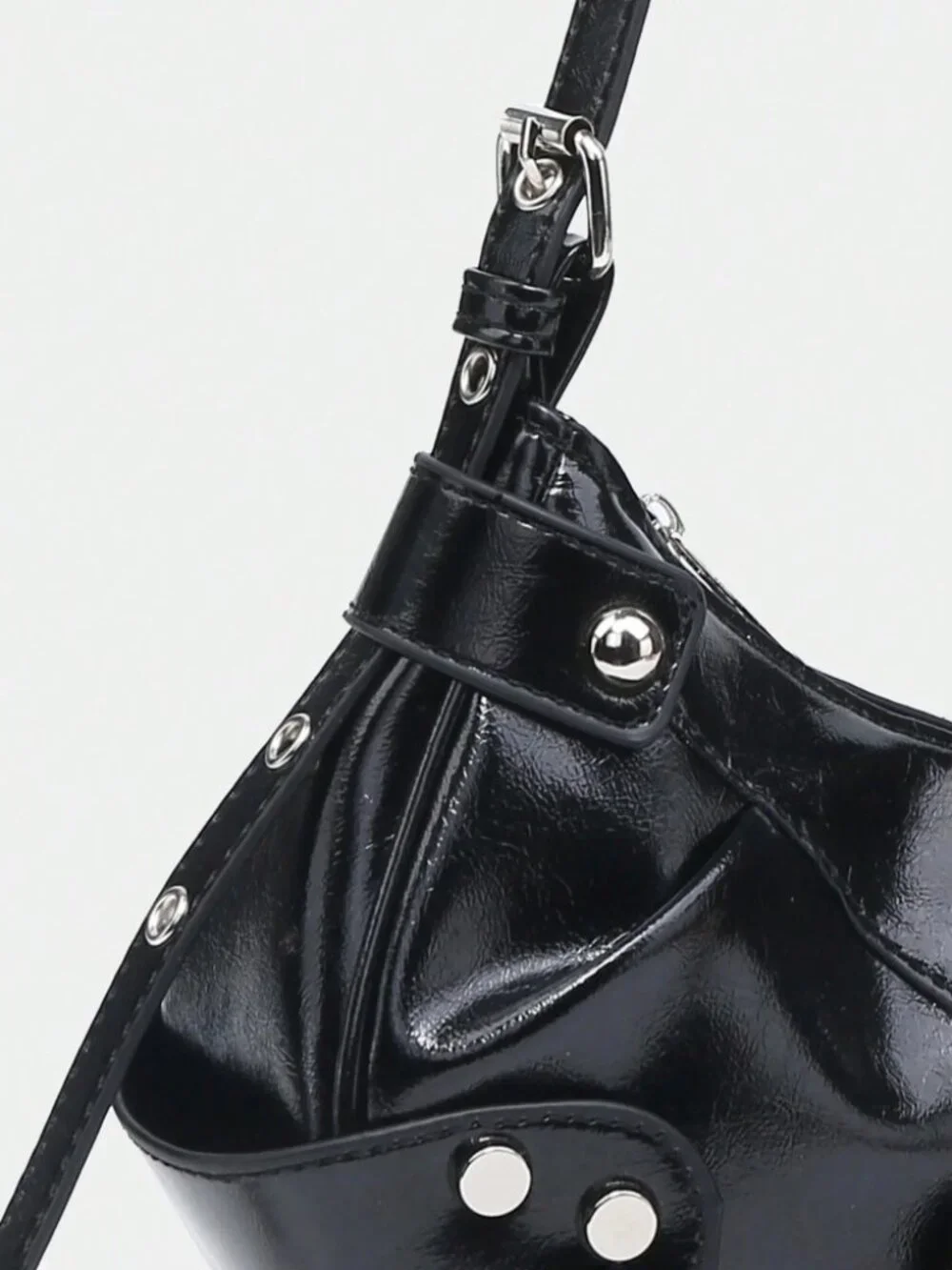 Black Studded Y2K Baguette Bag Vegan Leather Zip Top Handle Purse